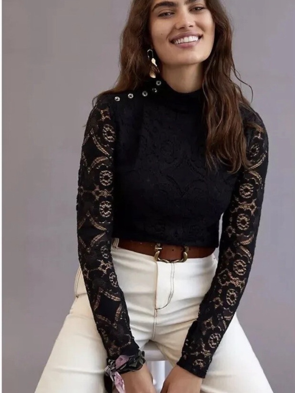 Anthropologie Maeve Black Lace Mock-Neck Top M